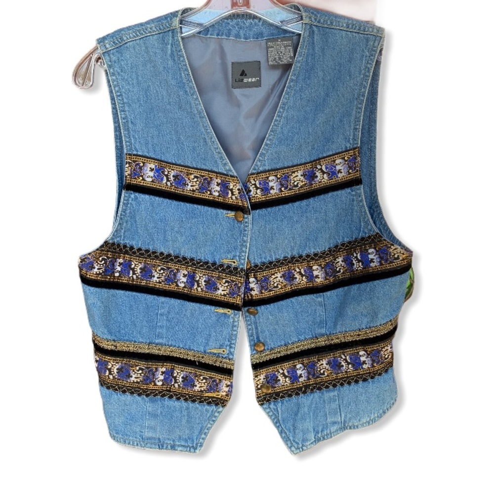 Lizwear Vintage Denim Ornate Brocade Ribbon Fitted Vest
